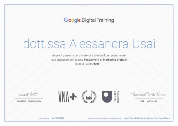 Certificato Google - Digital marketing